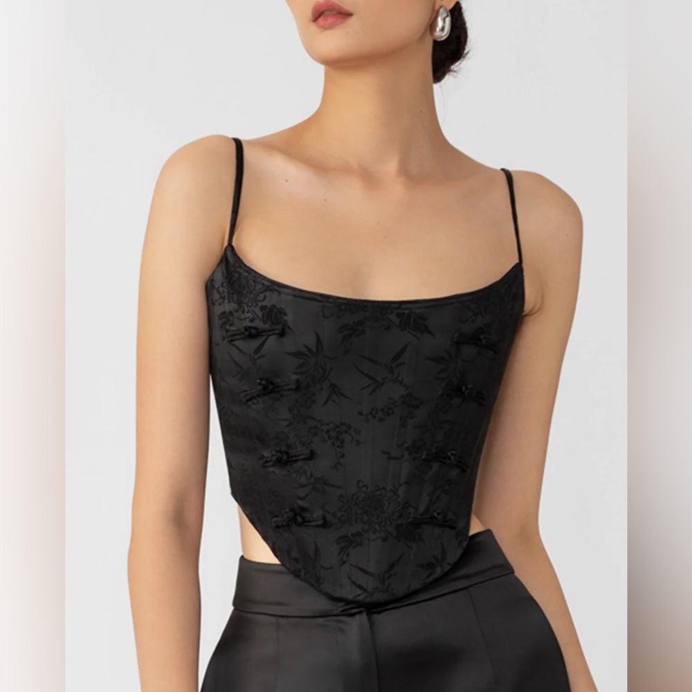 SAU LEE Nadia Corset Top Black Satin Frog Knot Chinese Floral Jacquard Bustier